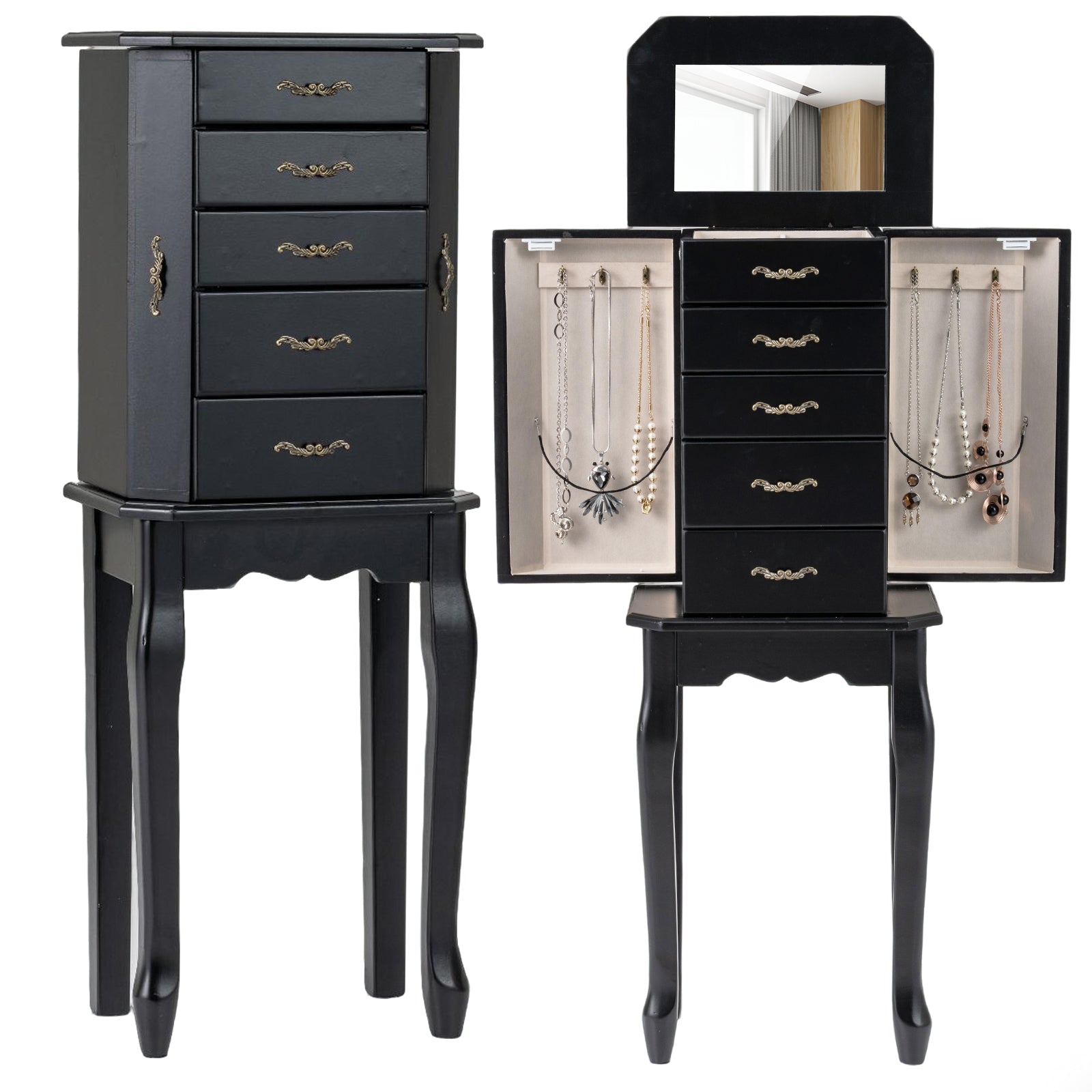 Standing Jewelry Box with 4 Drawers and 2 Side Doors, Black Jewelry Armoires at Gallery Canada