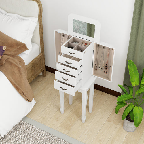 Standing Jewelry Box with 4 Drawers and 2 Side Doors, White