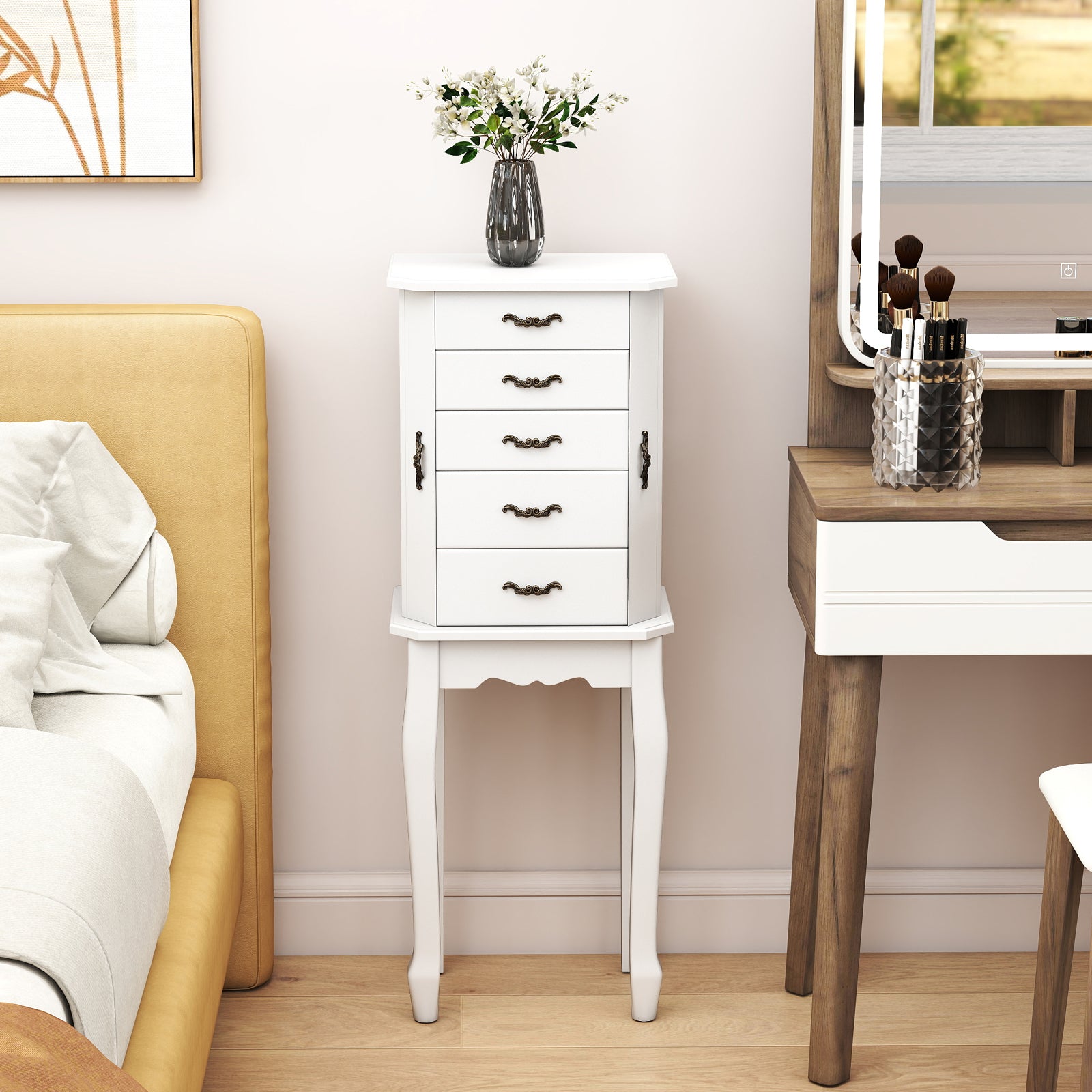 Standing Jewelry Box with 4 Drawers and 2 Side Doors, White Jewelry Armoires at Gallery Canada