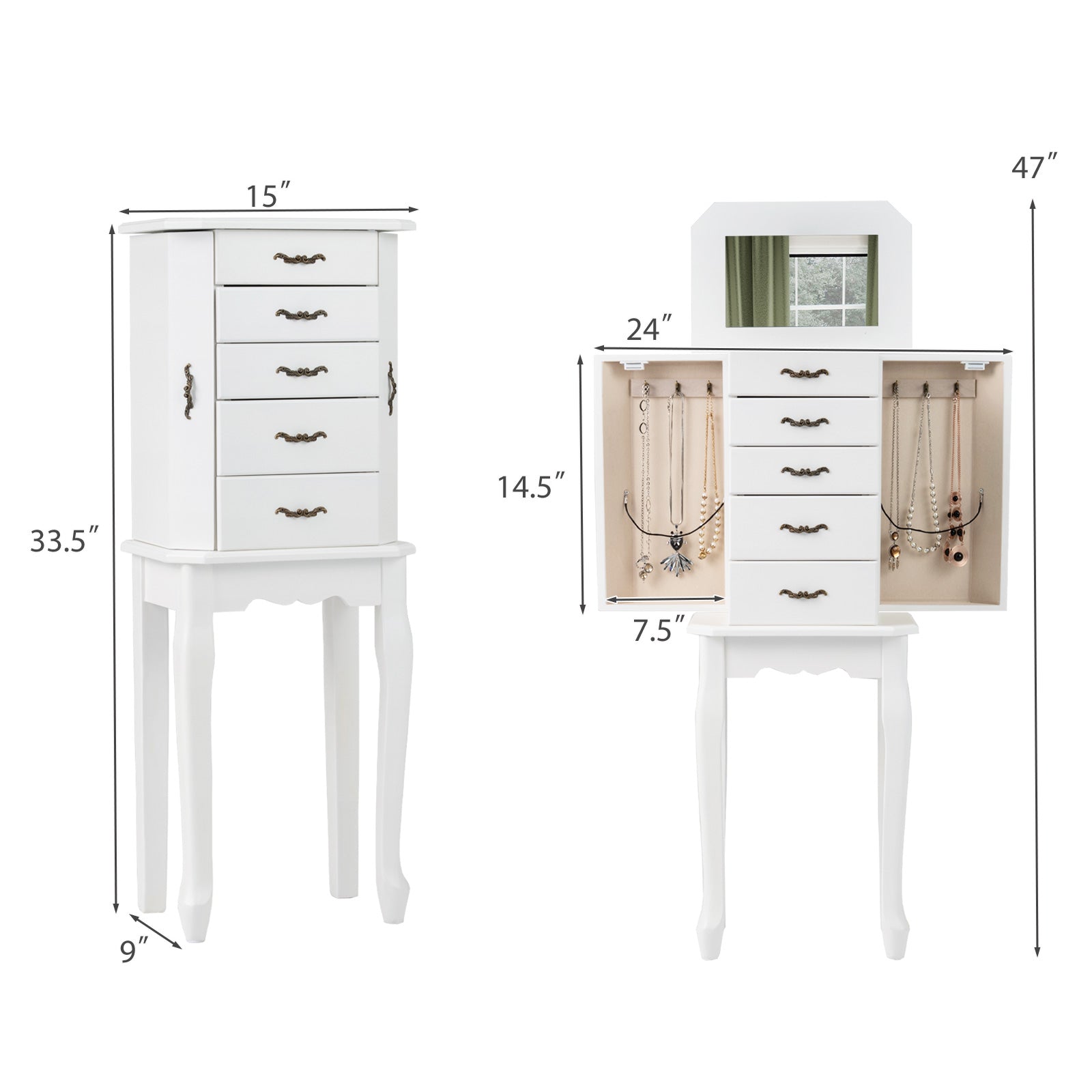 Standing Jewelry Box with 4 Drawers and 2 Side Doors, White Jewelry Armoires at Gallery Canada
