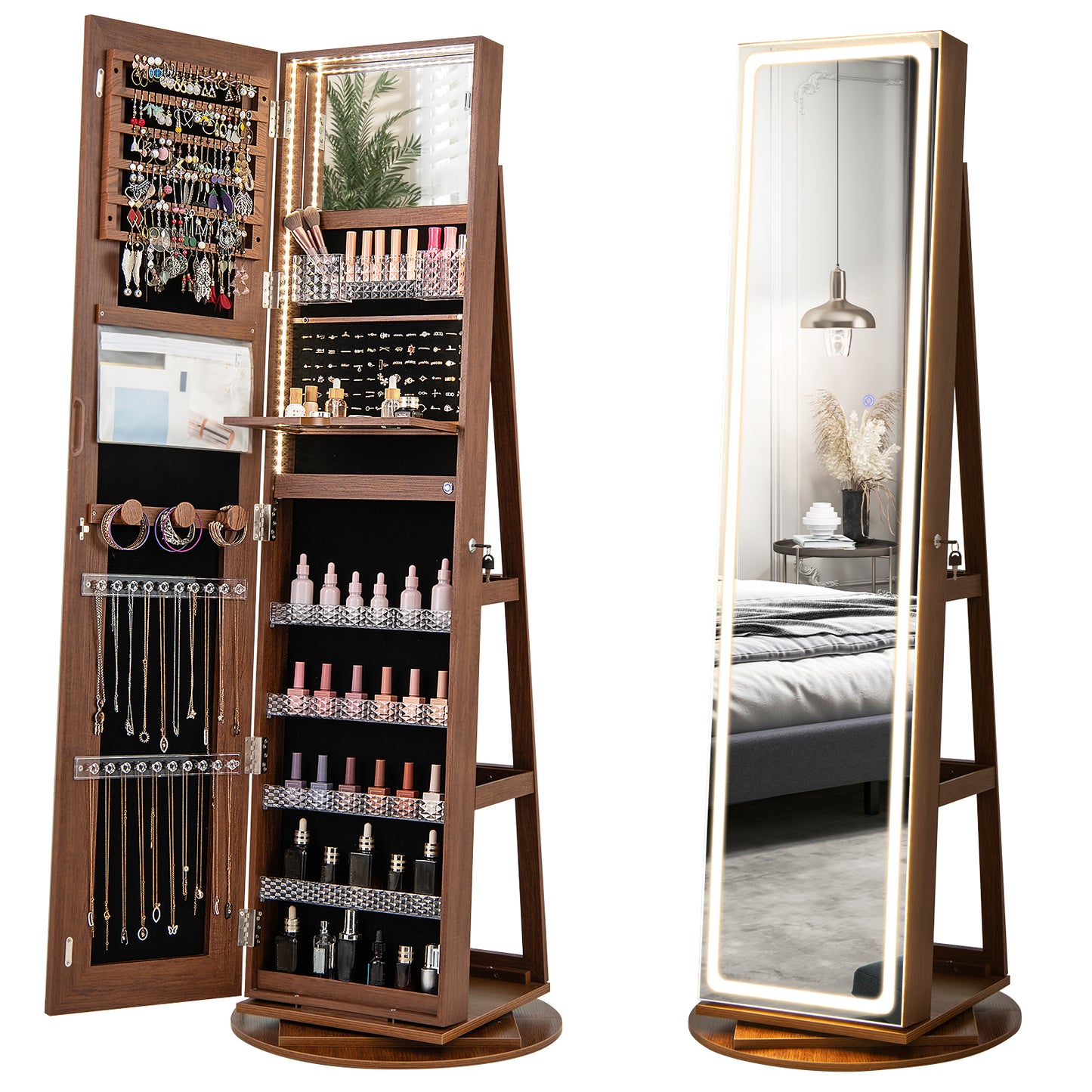 Standing Jewelry Cabinet with Adjustable LED Lights, Brown Jewelry Armoires Brown at Gallery Canada