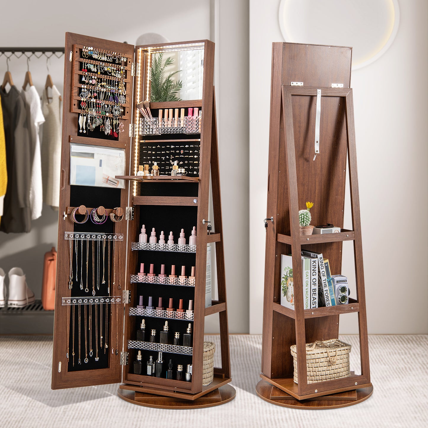 Standing Jewelry Cabinet with Adjustable LED Lights, Brown Jewelry Armoires at Gallery Canada