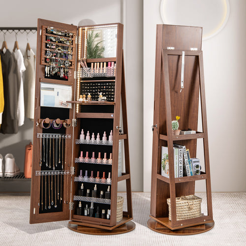 Standing Jewelry Cabinet with Adjustable LED Lights, Brown