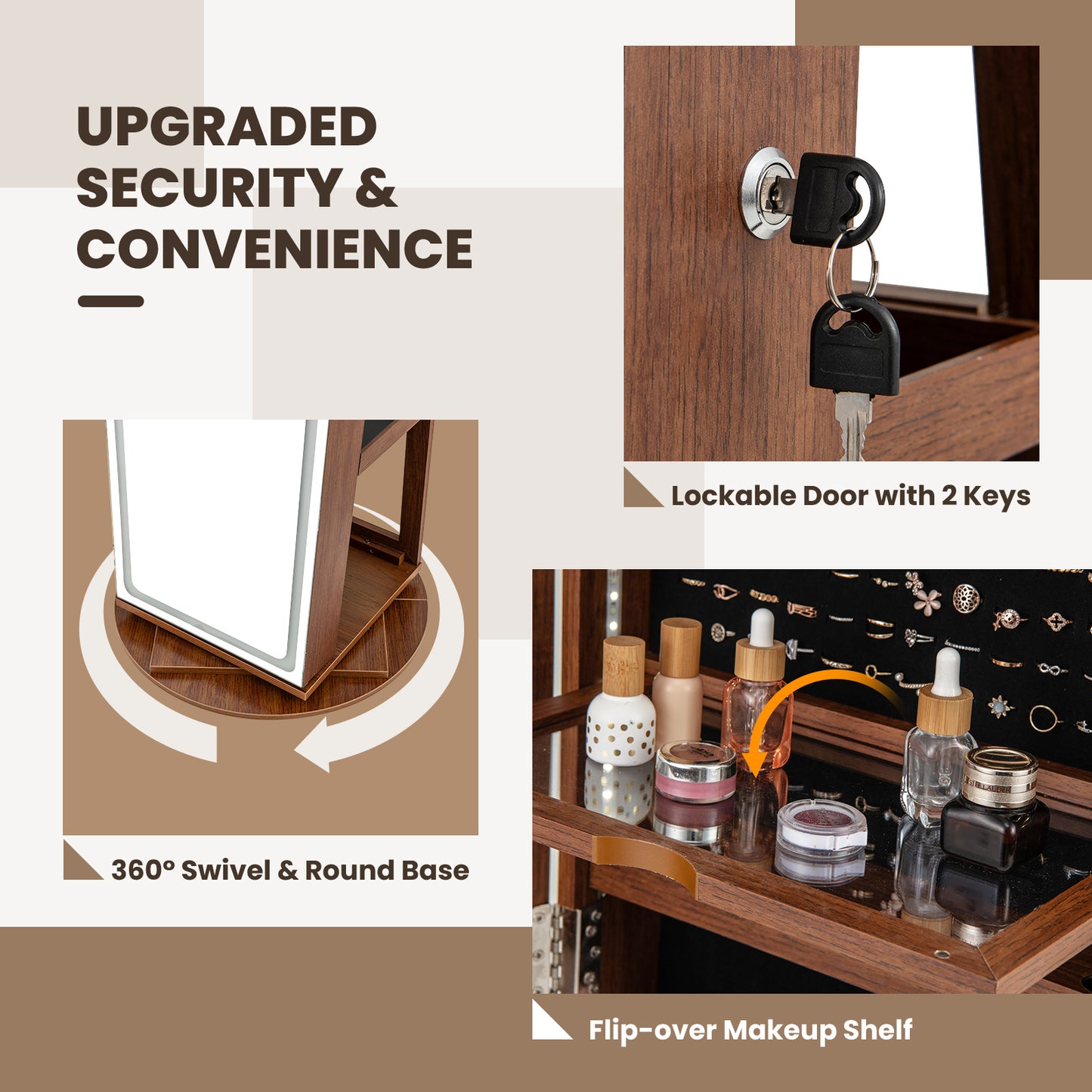 Standing Jewelry Cabinet with Adjustable LED Lights, Brown Jewelry Armoires at Gallery Canada