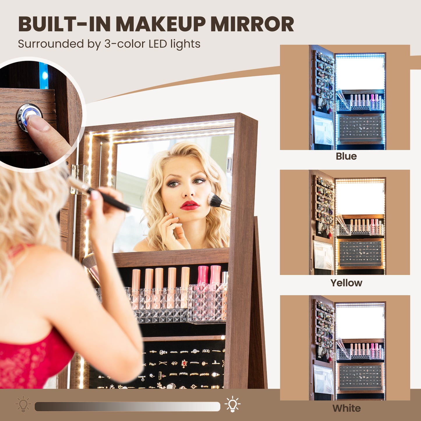 Standing Jewelry Cabinet with Adjustable LED Lights, Brown Jewelry Armoires at Gallery Canada