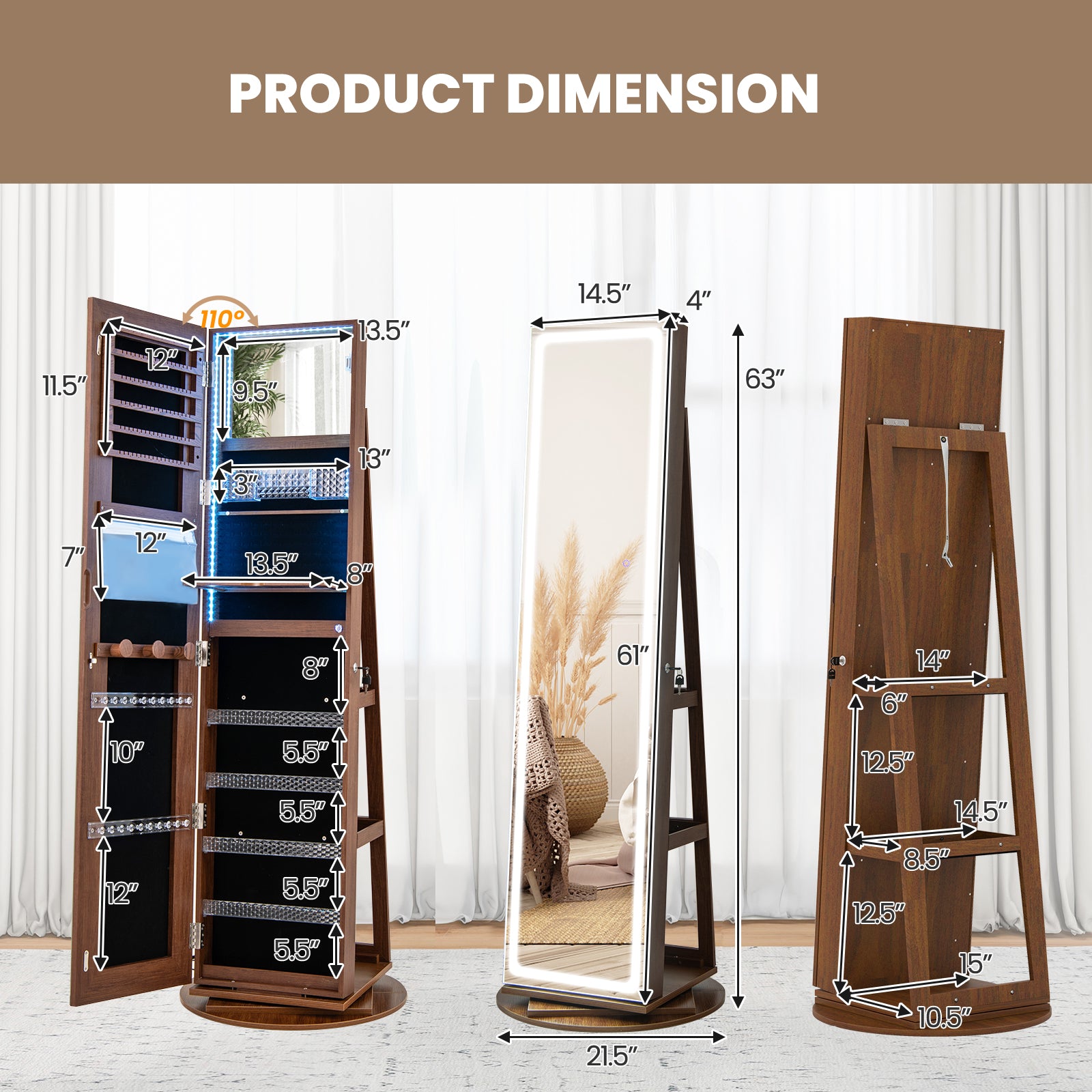 Standing Jewelry Cabinet with Adjustable LED Lights, Brown Jewelry Armoires at Gallery Canada