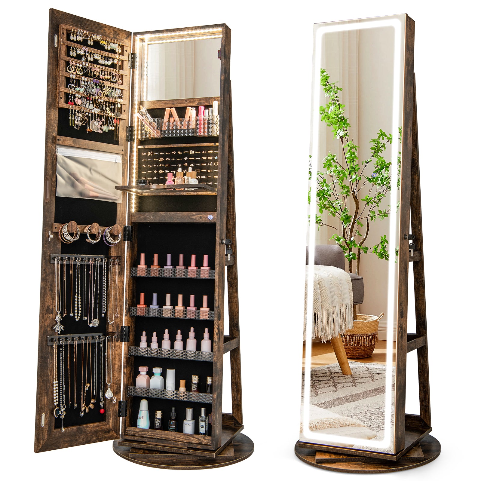 Standing Jewelry Cabinet with Adjustable LED Lights, Coffee Jewelry Armoires Coffee at Gallery Canada