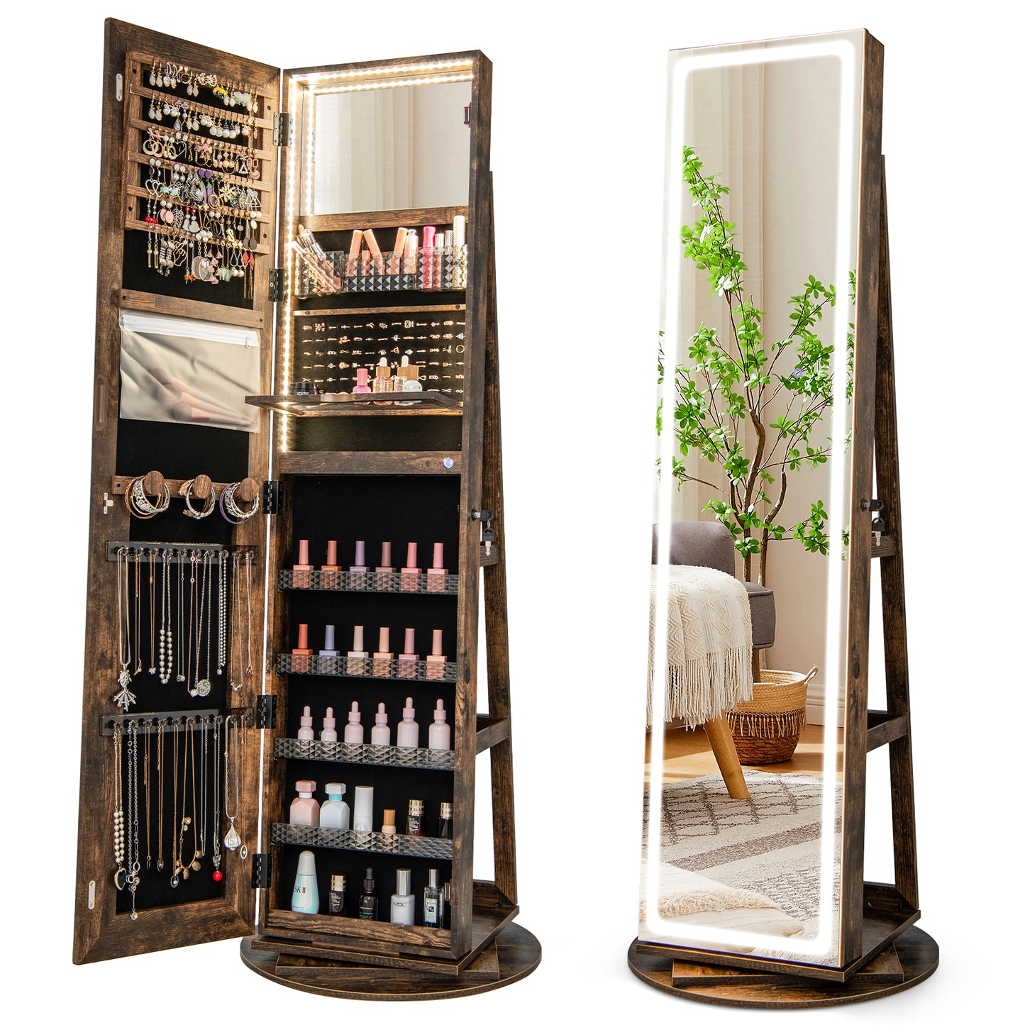 Standing Jewelry Cabinet with Adjustable LED Lights, Coffee Jewelry Armoires at Gallery Canada