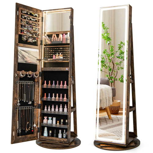 Standing Jewelry Cabinet With Adjustable LED Lights, Coffee