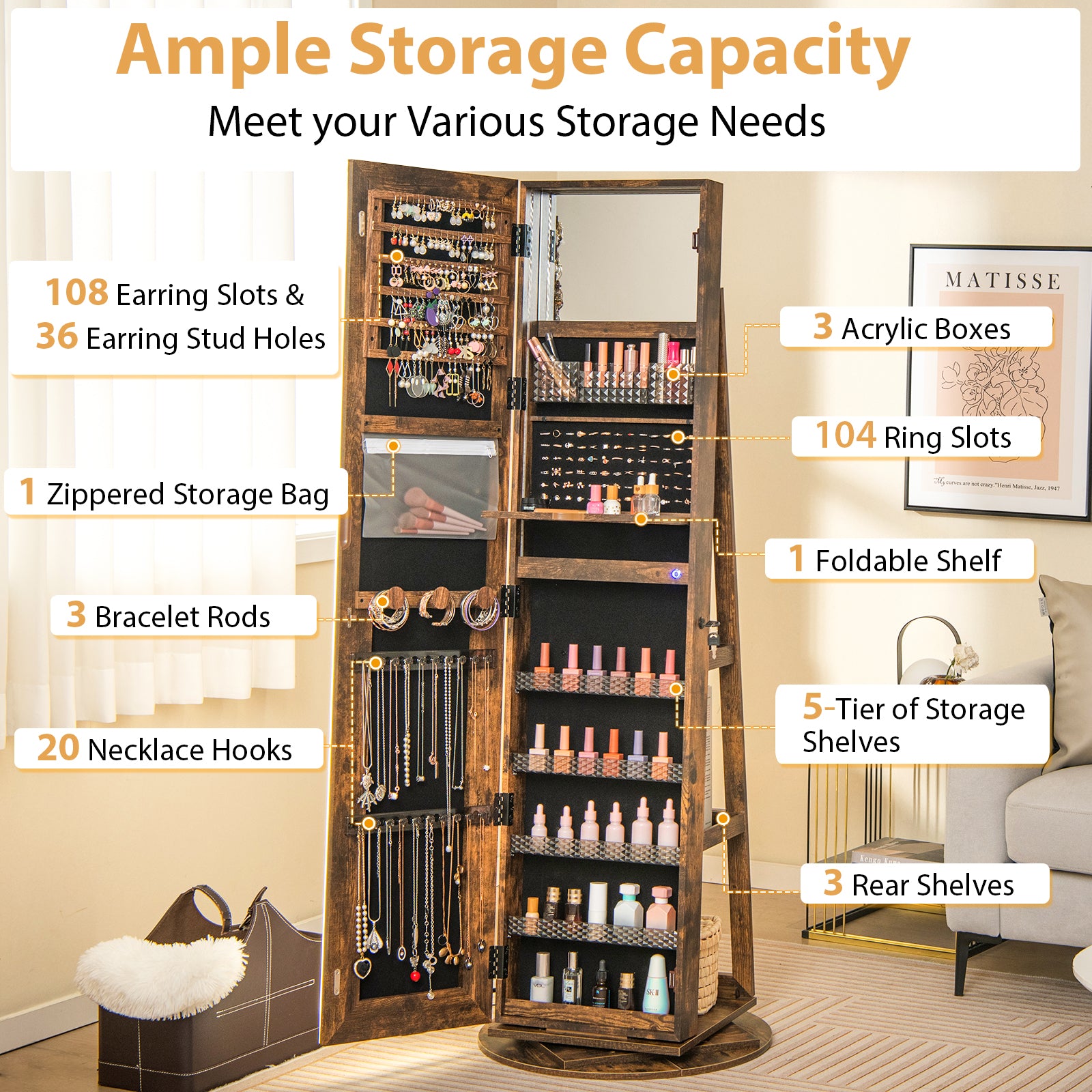 Standing Jewelry Cabinet with Adjustable LED Lights, Coffee Jewelry Armoires at Gallery Canada