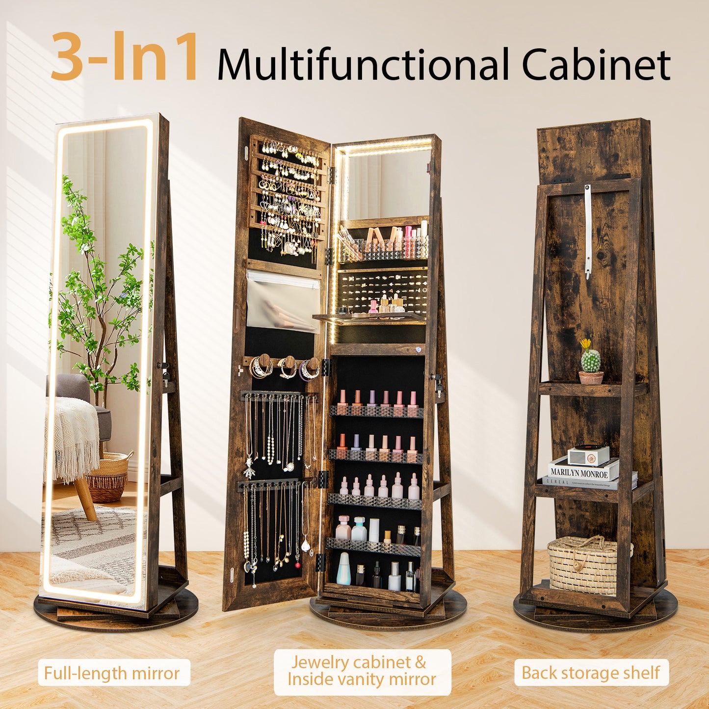 Standing Jewelry Cabinet with Adjustable LED Lights, Coffee Jewelry Armoires at Gallery Canada