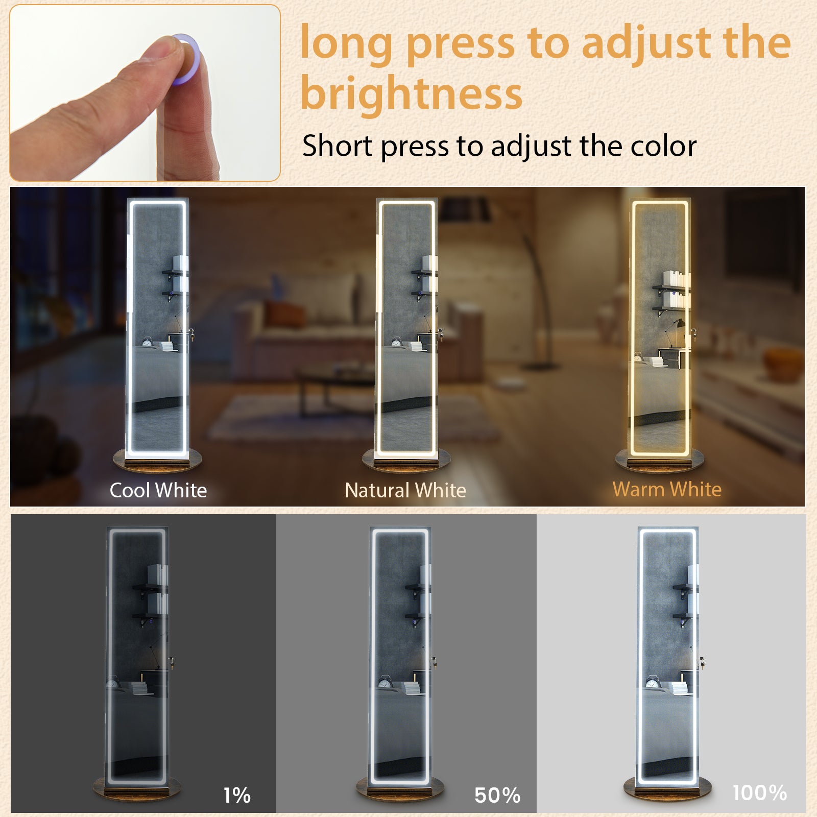 Standing Jewelry Cabinet with Adjustable LED Lights, Coffee Jewelry Armoires at Gallery Canada