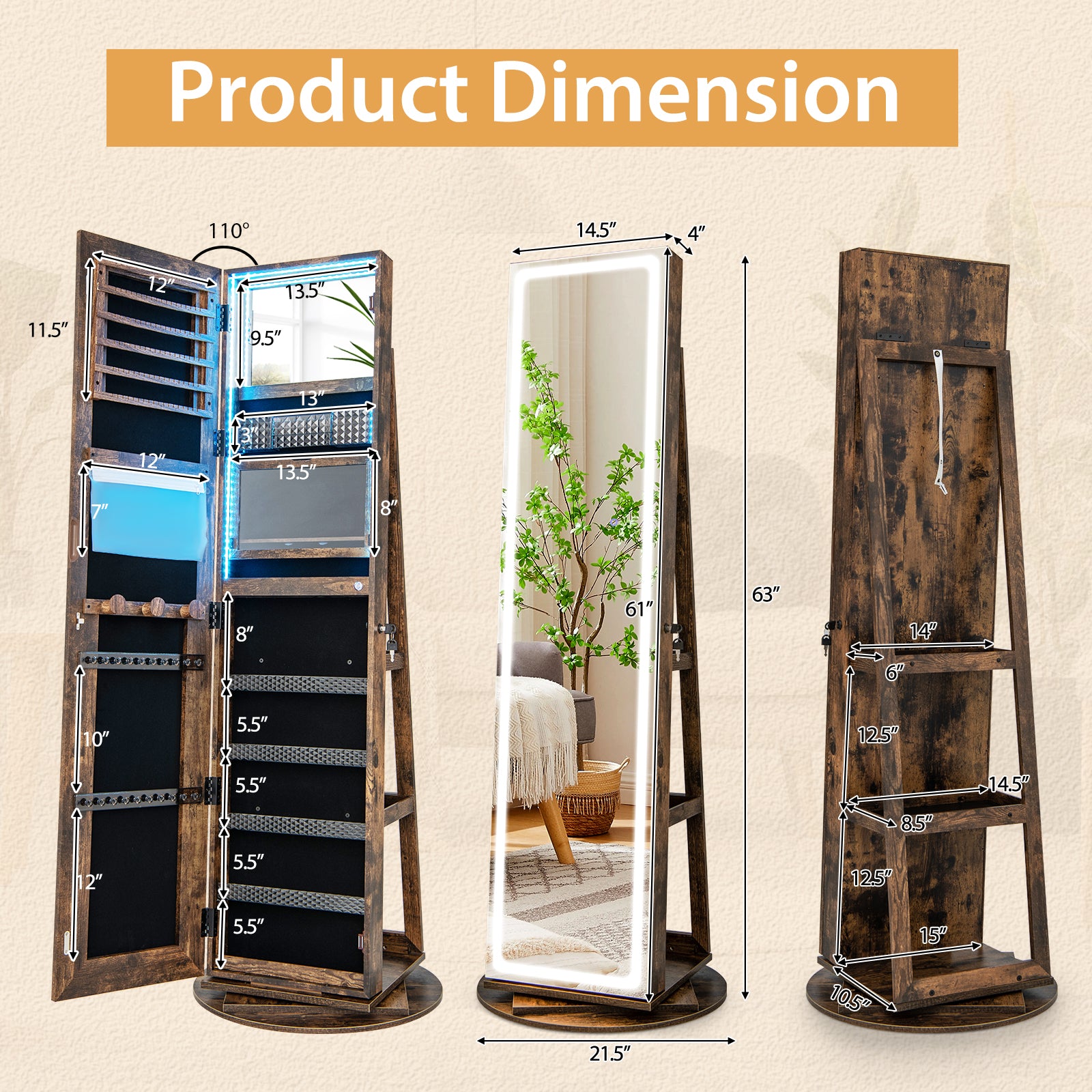 Standing Jewelry Cabinet with Adjustable LED Lights, Coffee Jewelry Armoires at Gallery Canada