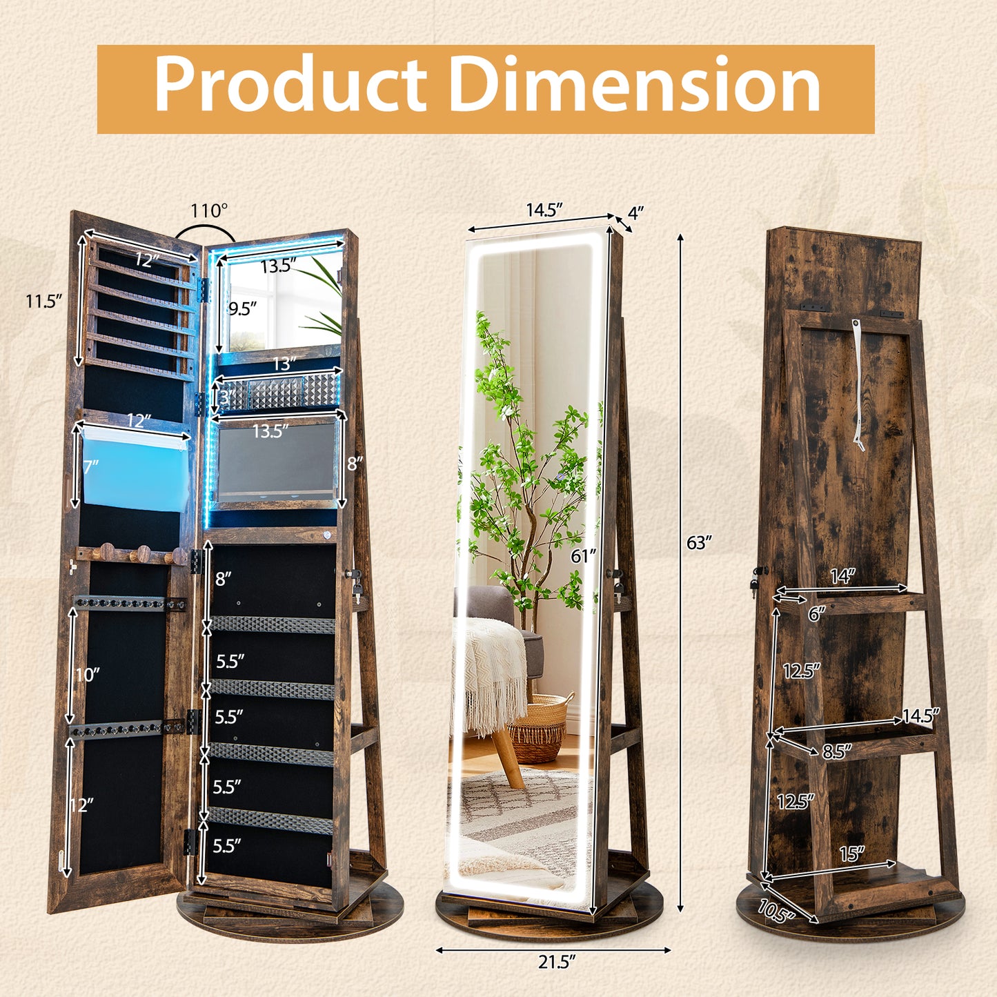 Standing Jewelry Cabinet with Adjustable LED Lights, Coffee Jewelry Armoires at Gallery Canada