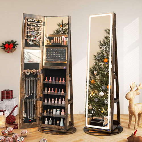 Standing Jewelry Cabinet with Adjustable LED Lights, Coffee