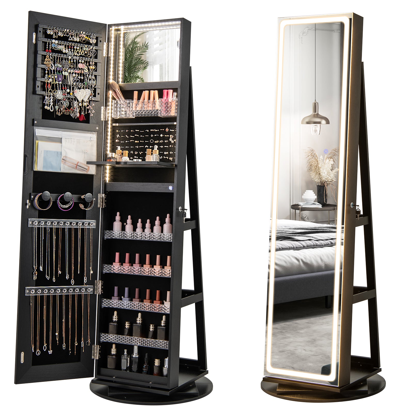 Standing Jewelry Cabinet with Adjustable LED Lights, Black Jewelry Armoires Black at Gallery Canada
