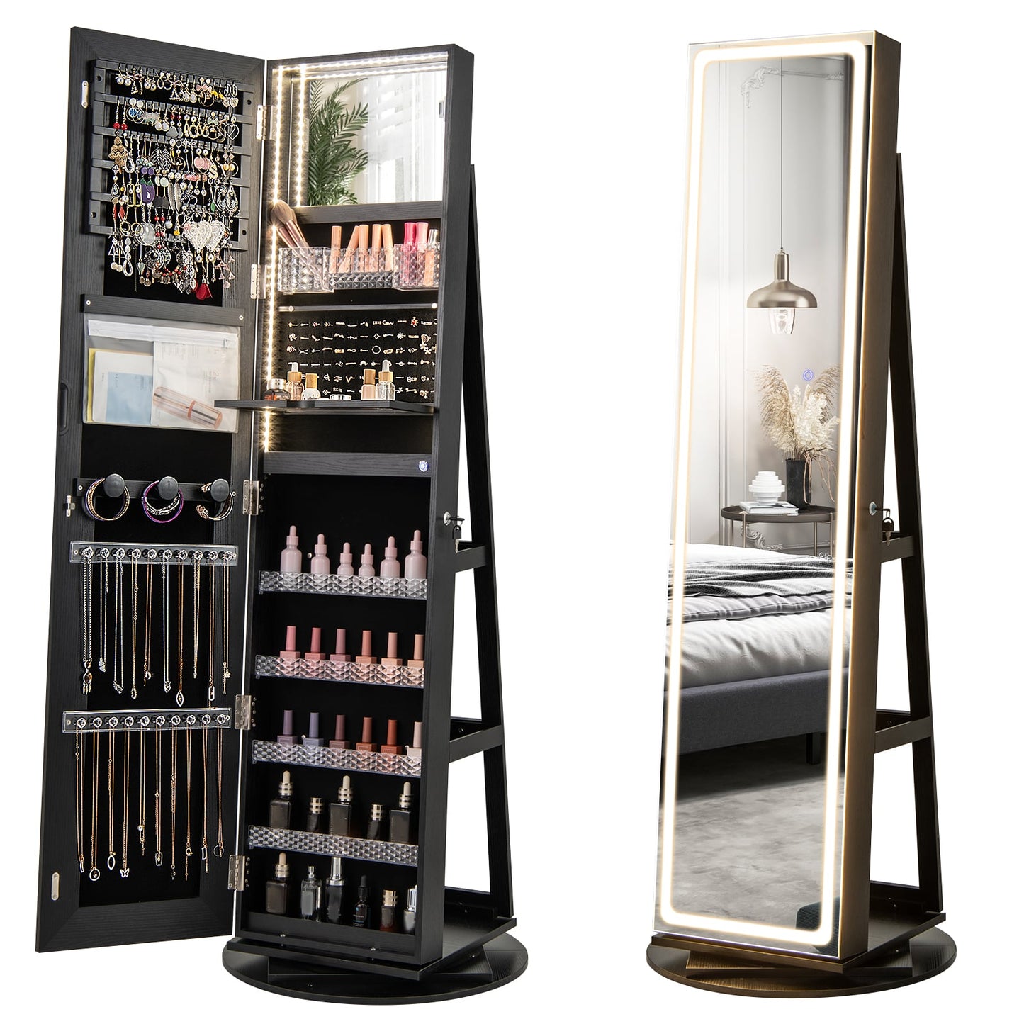 Armoire à bijoux debout, lumières LED ajustables, noir