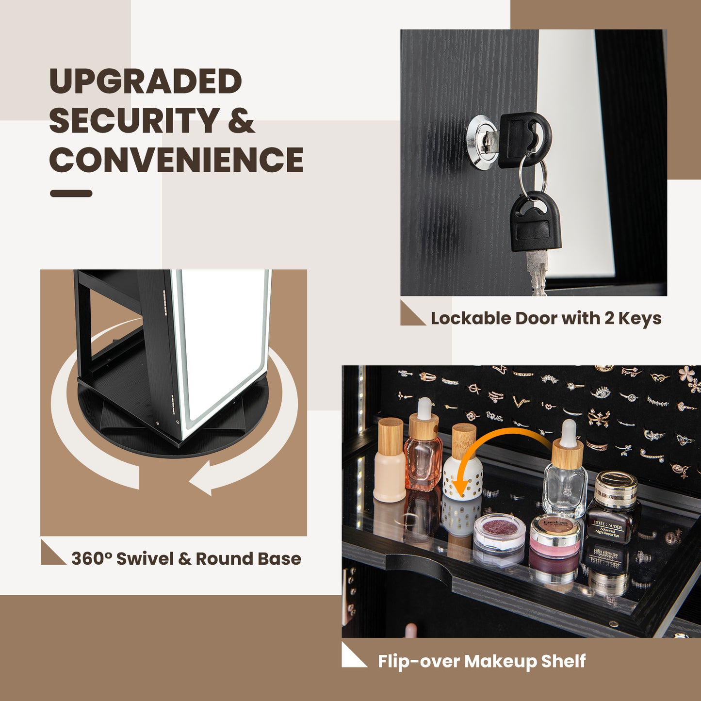 Standing Jewelry Cabinet with Adjustable LED Lights, Black Jewelry Armoires at Gallery Canada