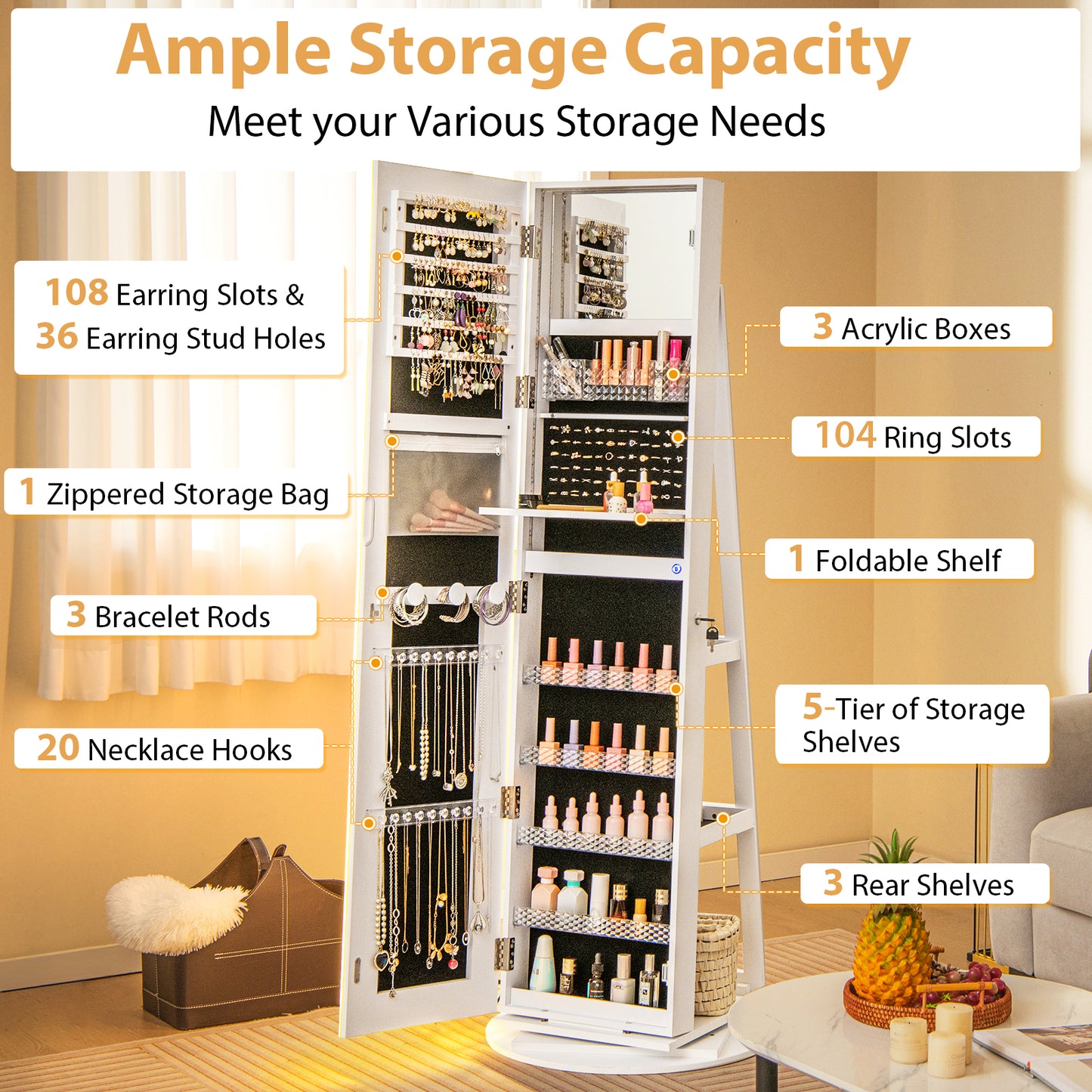 Standing Jewelry Cabinet With Adjustable LED Lights, White Jewelry Armoires at Gallery Canada
