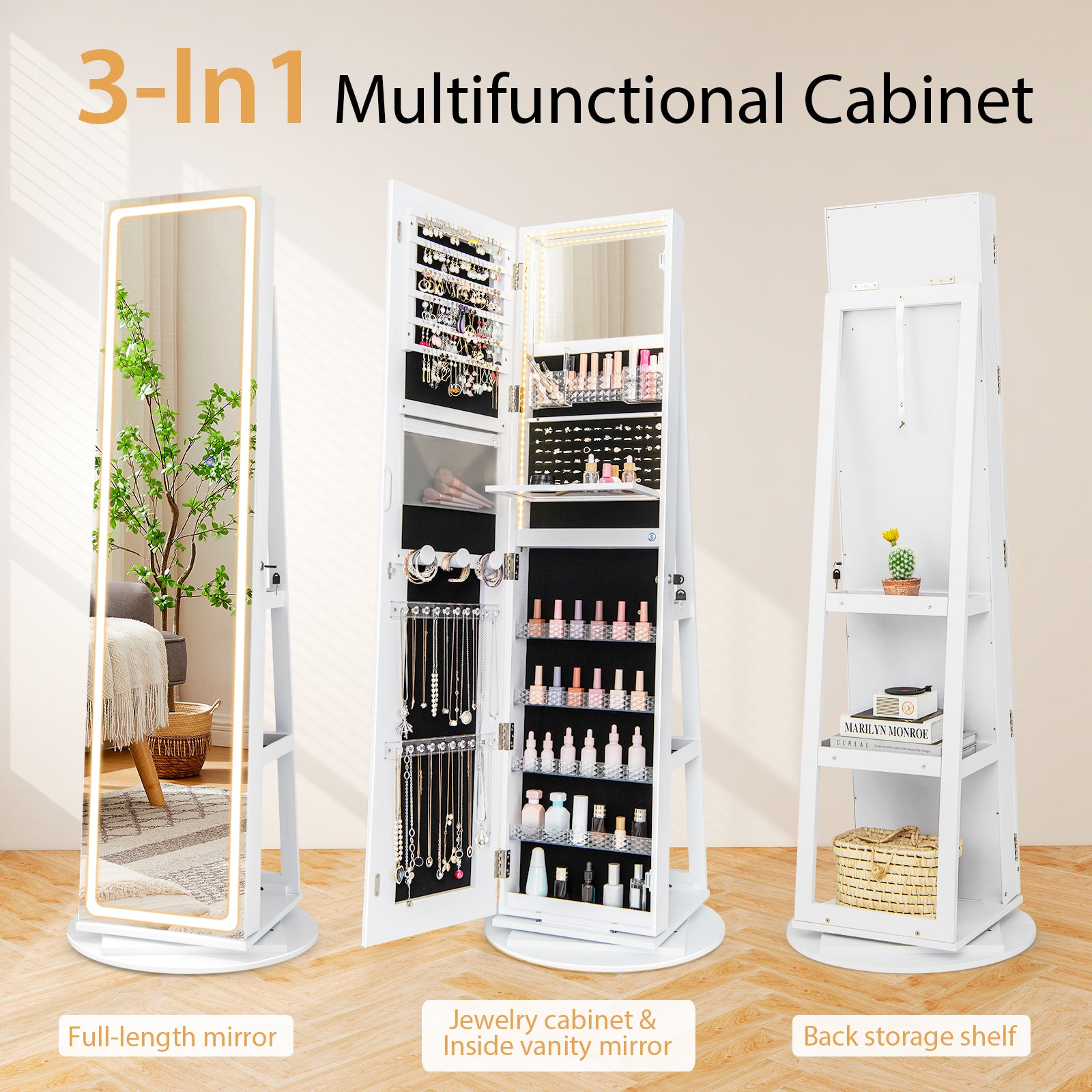 Standing Jewelry Cabinet With Adjustable LED Lights, White Jewelry Armoires at Gallery Canada