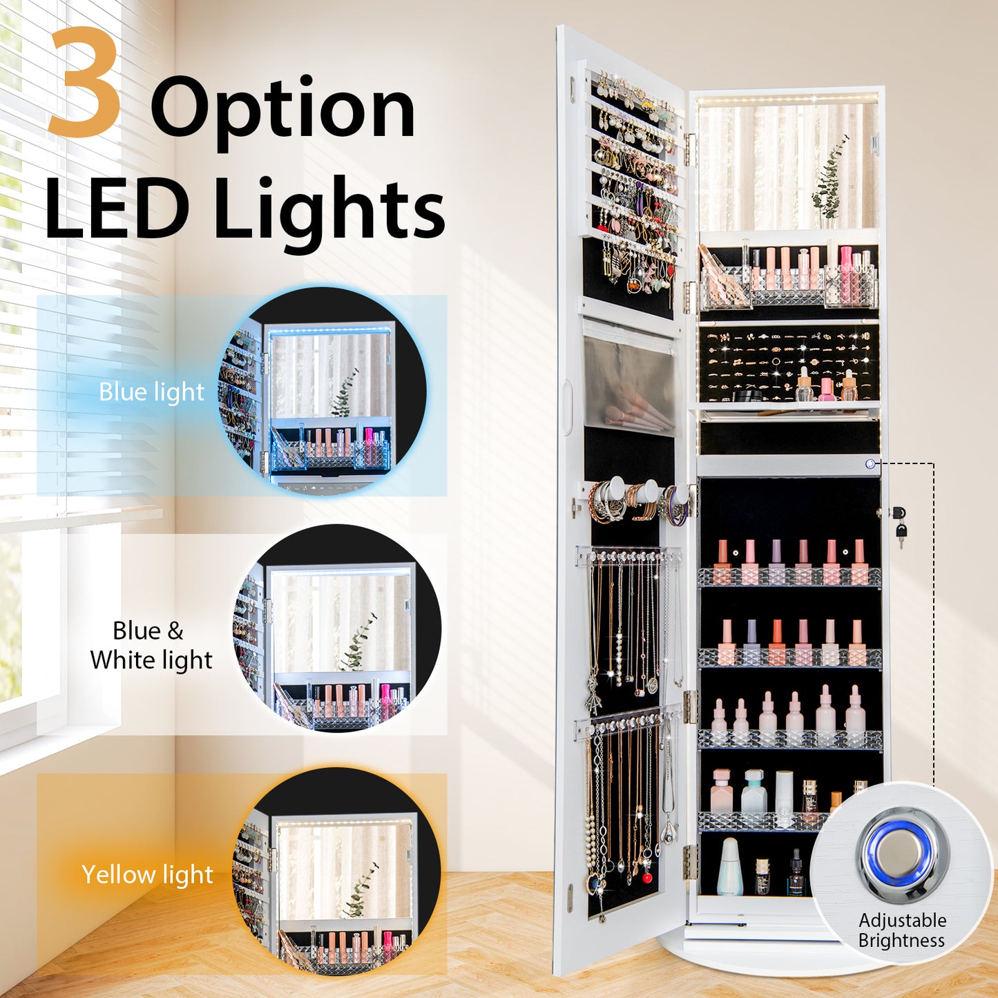 Standing Jewelry Cabinet With Adjustable LED Lights, White Jewelry Armoires at Gallery Canada