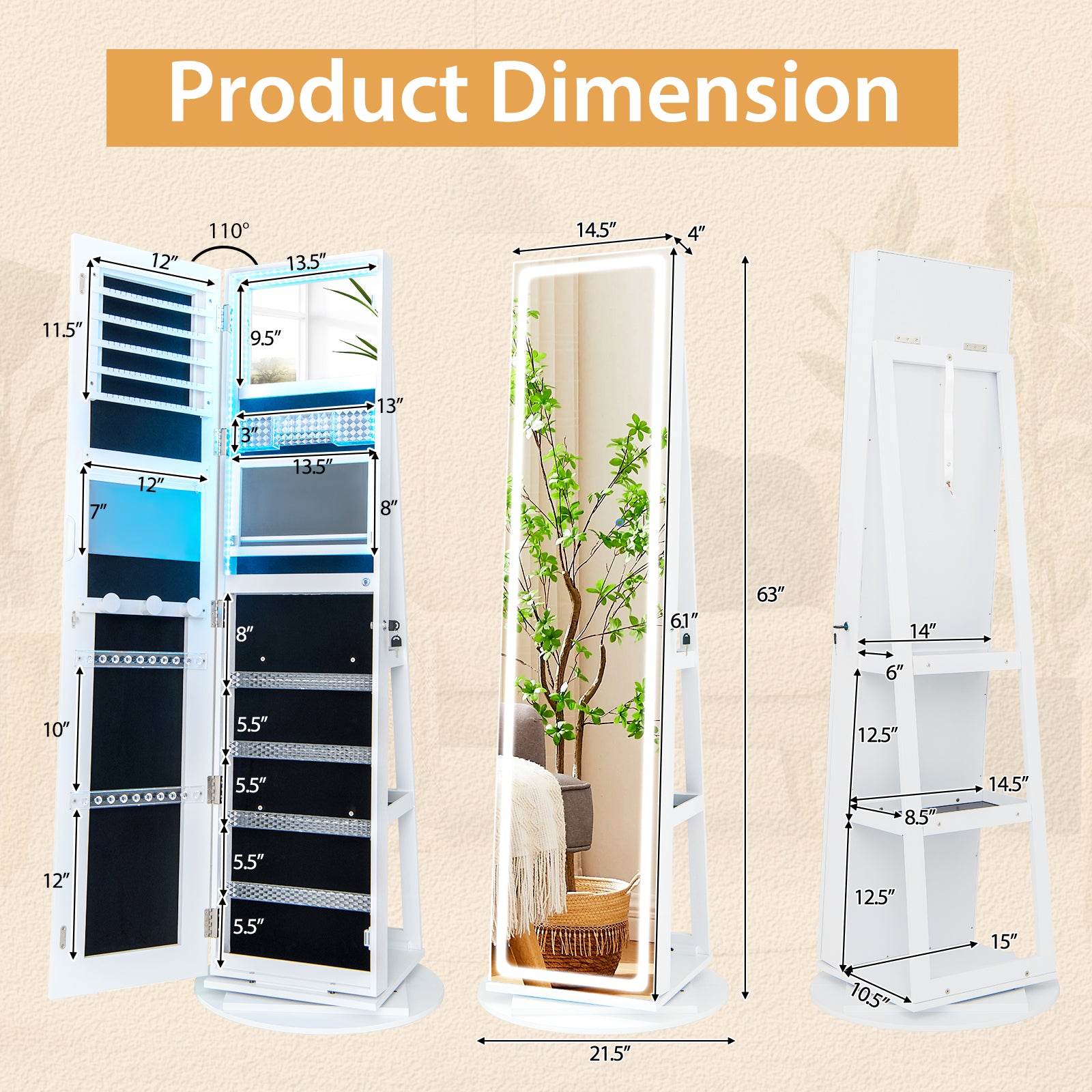Standing Jewelry Cabinet With Adjustable LED Lights, White Jewelry Armoires at Gallery Canada