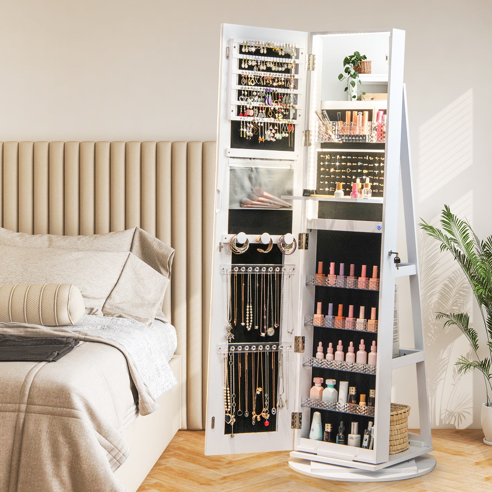 Standing Jewelry Cabinet With Adjustable LED Lights, White Jewelry Armoires at Gallery Canada