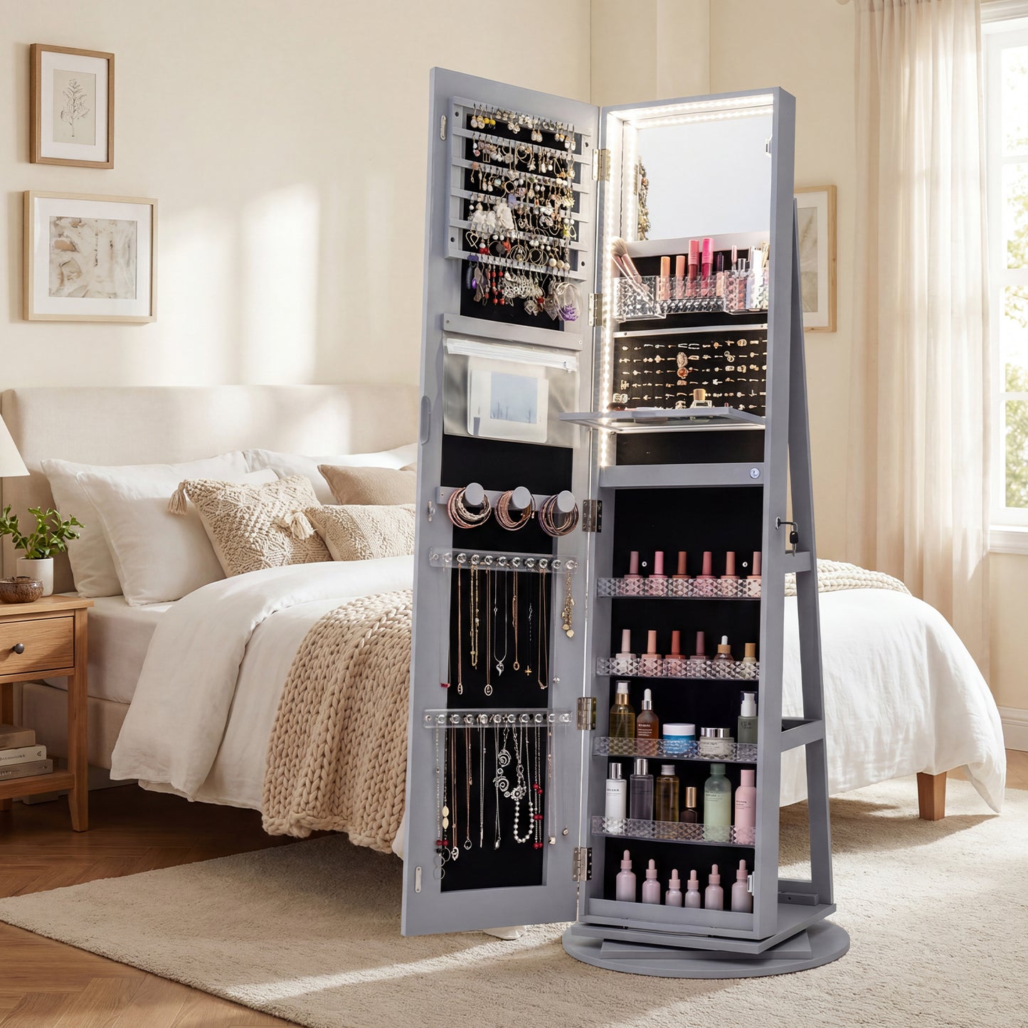 Standing Jewelry Cabinet, Adjustable LED Lights, Gray Jewelry Armoires at Gallery Canada