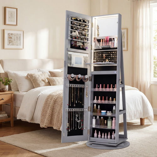 Standing Jewelry Cabinet, Adjustable LED Lights, Gray