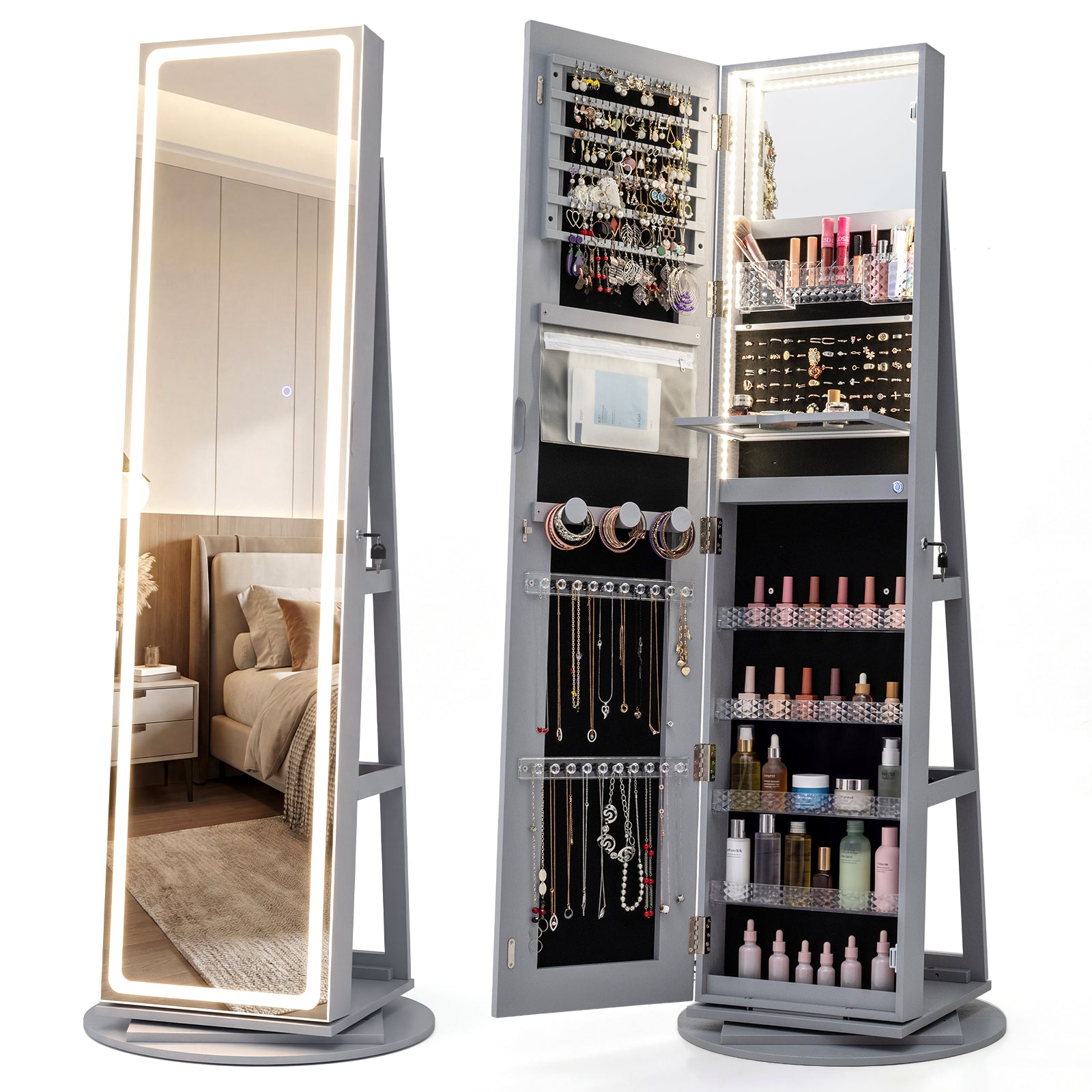 Standing Jewelry Cabinet, Adjustable LED Lights, Gray Jewelry Armoires Gray at Gallery Canada