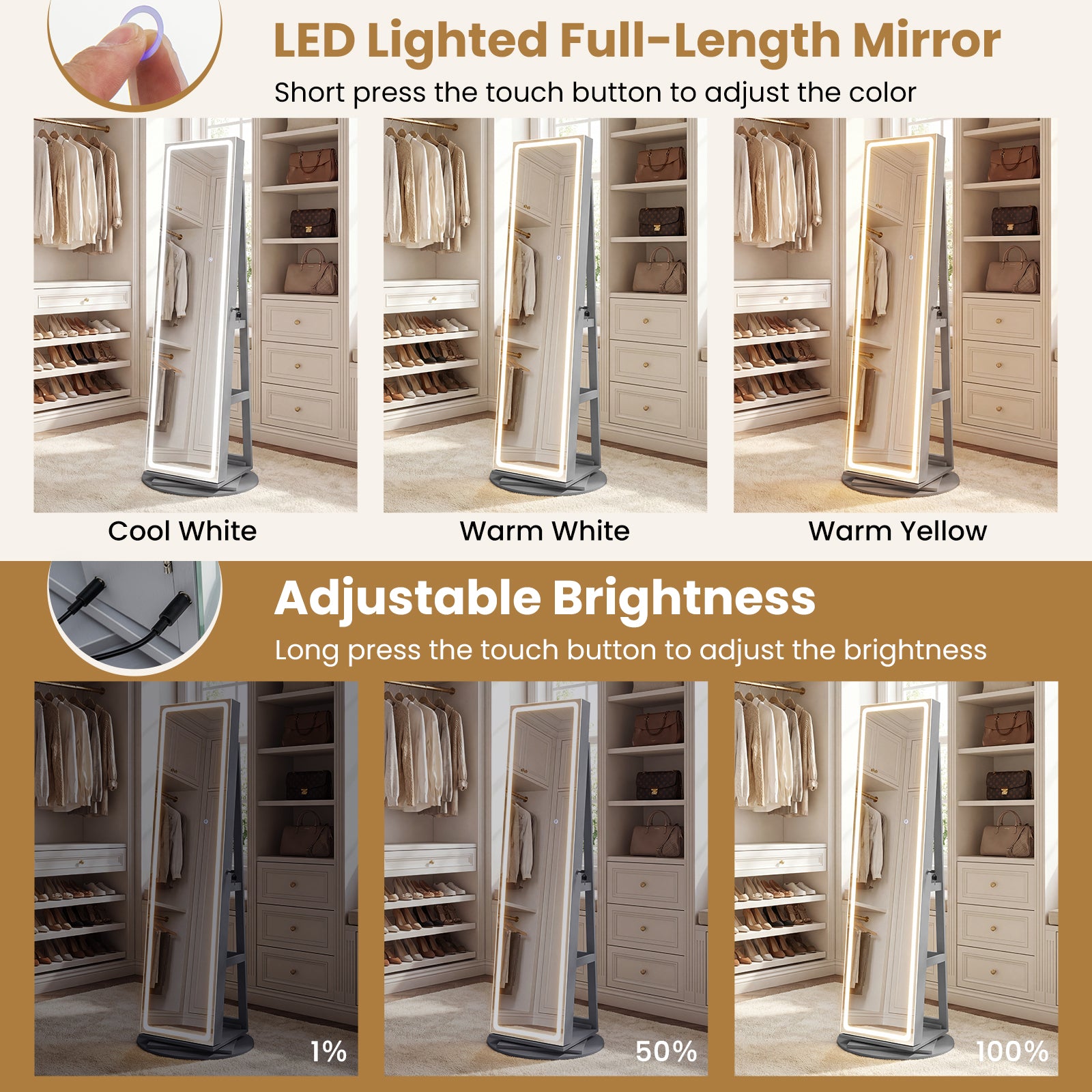 Standing Jewelry Cabinet, Adjustable LED Lights, Gray Jewelry Armoires at Gallery Canada