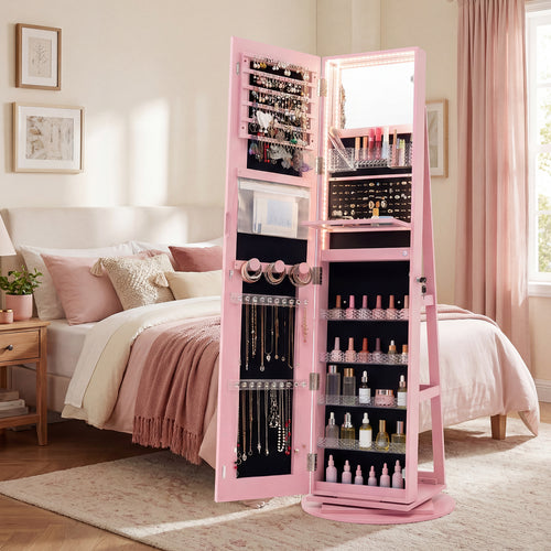 Standing Jewelry Cabinet With Adjustable LED Lights, Pink