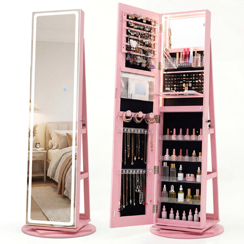 Standing Jewelry Cabinet With Adjustable LED Lights, Pink
