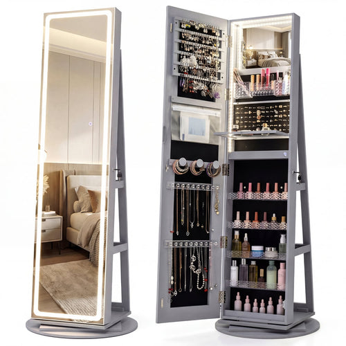 Standing Jewelry Cabinet, Adjustable LED Lights, Gray