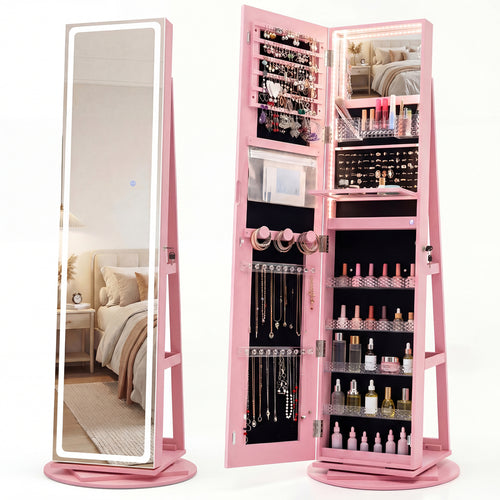 Standing Jewelry Cabinet With Adjustable LED Lights, Pink