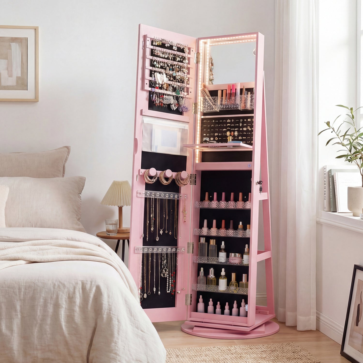 Standing Jewelry Cabinet With Adjustable LED Lights, Pink Jewelry Armoires at Gallery Canada
