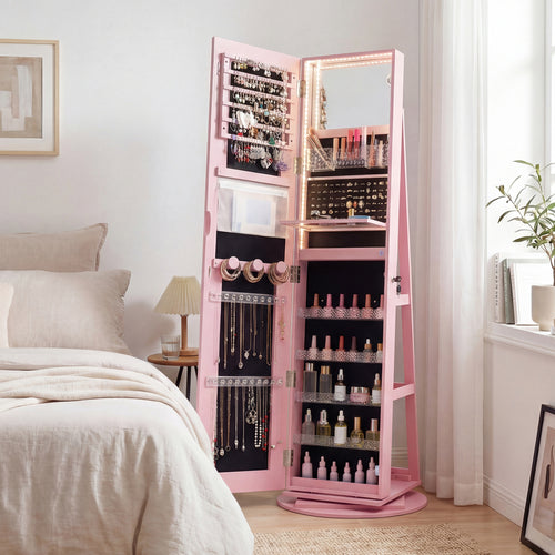 Standing Jewelry Cabinet With Adjustable LED Lights, Pink