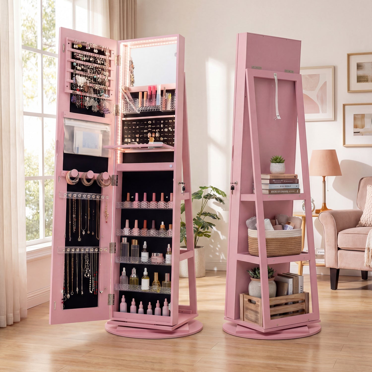 Standing Jewelry Cabinet With Adjustable LED Lights, Pink Jewelry Armoires at Gallery Canada