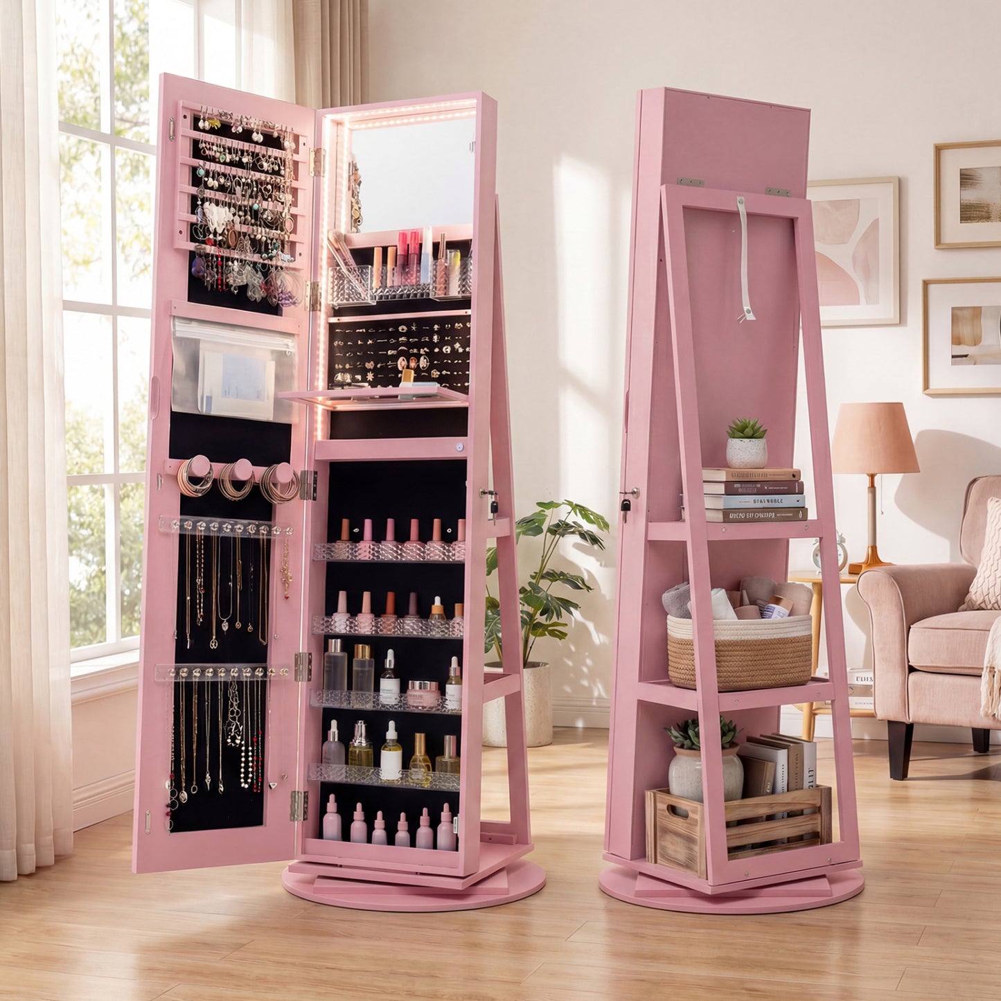Standing Jewelry Cabinet With Adjustable LED Lights, Pink Jewelry Armoires at Gallery Canada