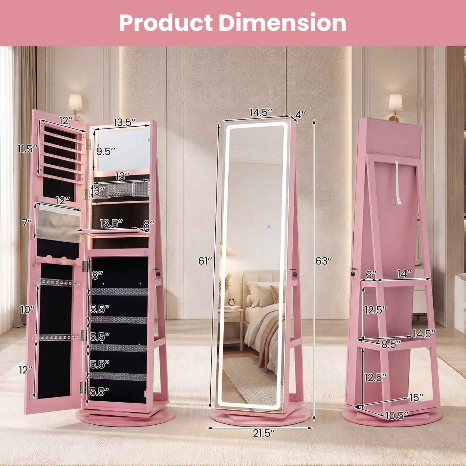 Standing Jewelry Cabinet With Adjustable LED Lights, Pink Jewelry Armoires at Gallery Canada