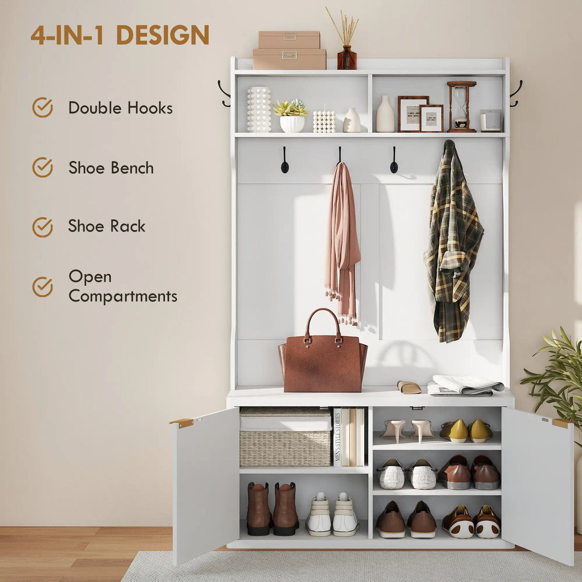 4-In-1 Hall Tree With Shoe Bench, Modern Coat Rack With Open Shelf, White Clothing Storage at Gallery Canada