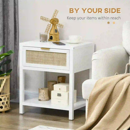 Boho Nightstand, Bedside Table with Rattan Drawer, Open Shelf Bedside Tables at Gallery Canada