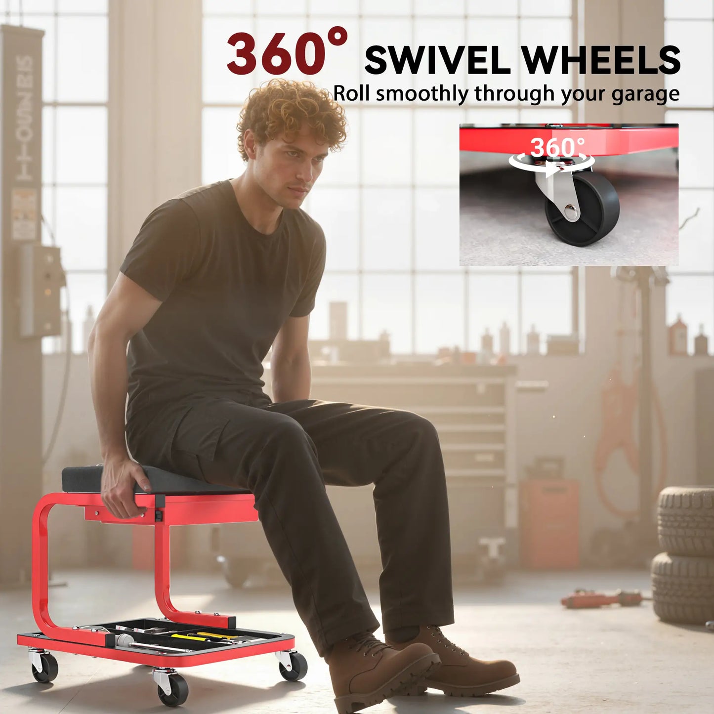 Rolling Garage Stool, 300 LBS Capacity, Tool Trays, Drawer, Black Automotive at Gallery Canada