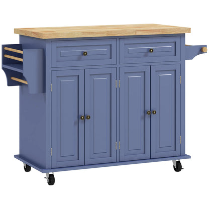 Kitchen Island with Storage, Rolling Cart, Rubber Wood Top, Navy Blue Kitchen Islands & Kitchen Carts Navy Blue at Gallery Canada