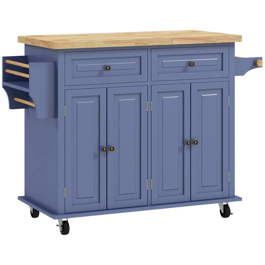 Kitchen Island with Storage, Rolling Cart, Rubber Wood Top, Navy Blue Kitchen Islands & Kitchen Carts Navy Blue at Gallery Canada