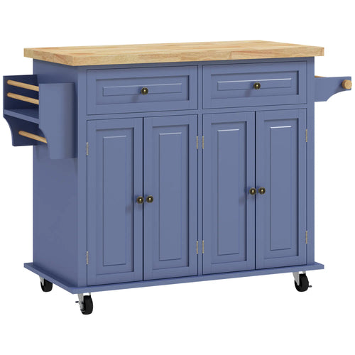 Kitchen Island with Storage, Rolling Cart, Rubber Wood Top, Navy Blue