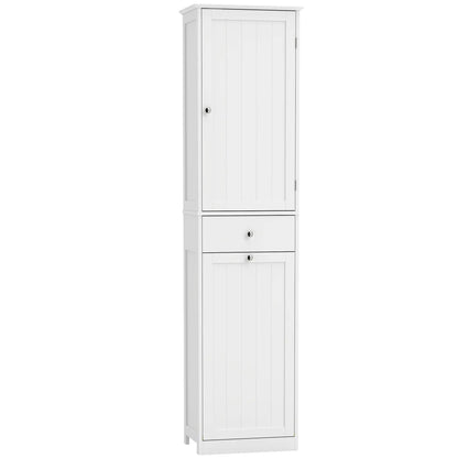 71" Tall Bathroom Storage Cabinet, Narrow with Laundry Basket, White