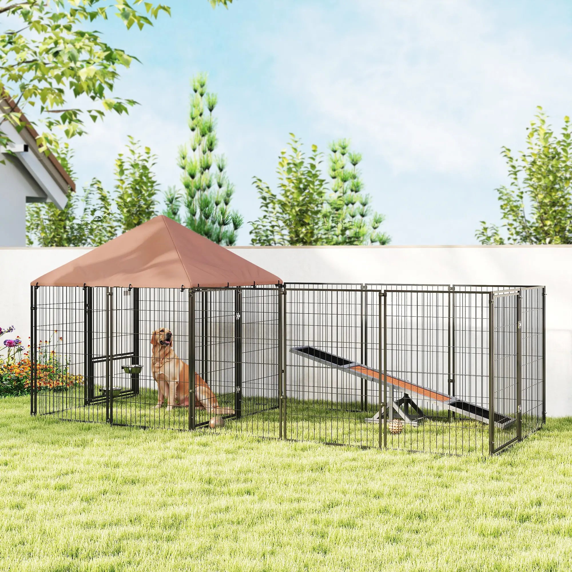 Outdoor Dog Kennel, Rotating Adjustable Bowls, Waterproof UV Cover, 11.3' x 4.7' x 5.1' Houses, Kennels & Pens at Gallery Canada