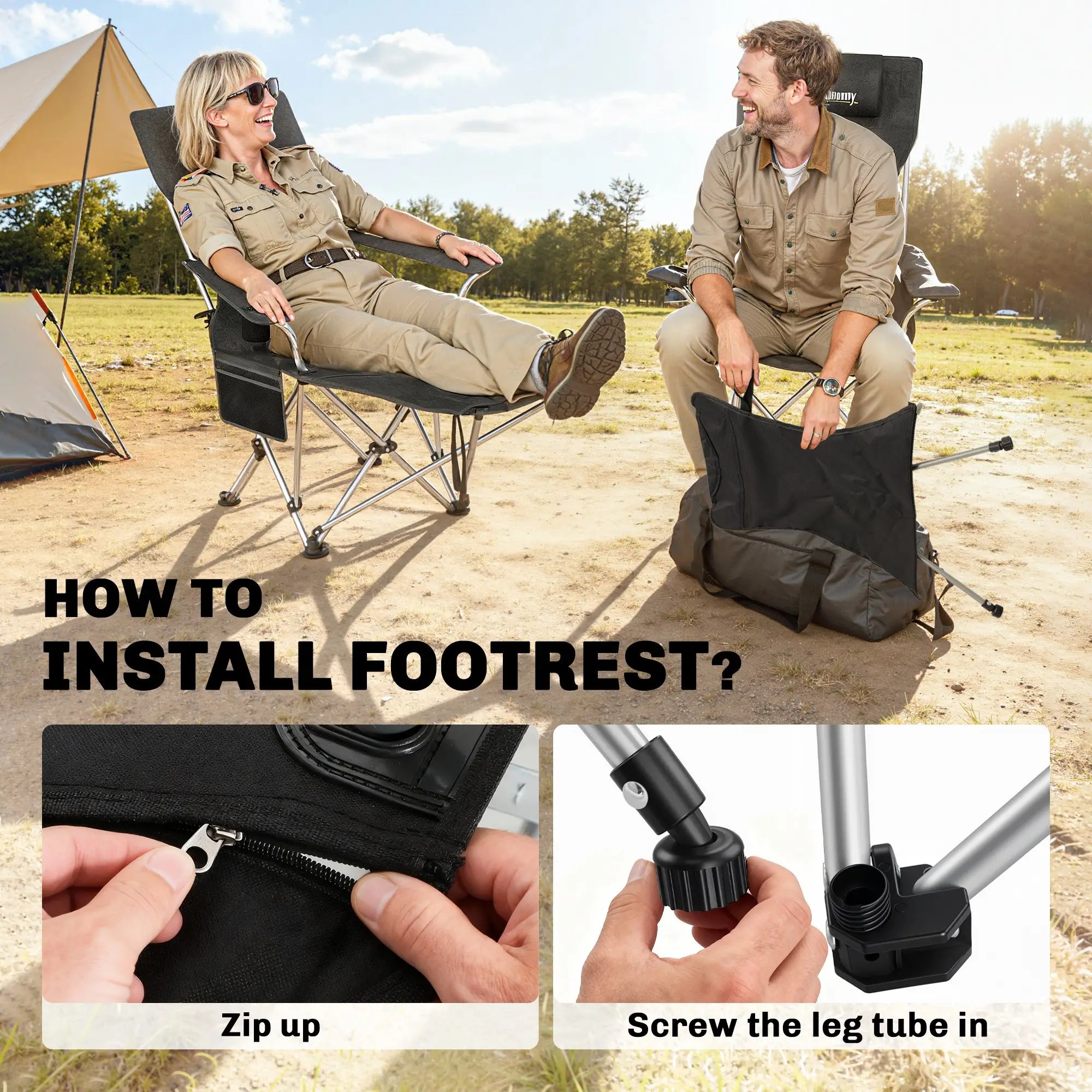Set of 2 Reclining Camping Chairs with Foot Rest, Headrest, Cup Holder, Storage Bag, Black Picnic Tables & Camping Chairs at Gallery Canada