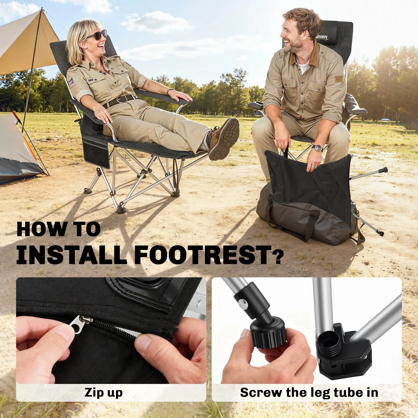 Set of 2 Reclining Camping Chairs with Foot Rest, Headrest, Cup Holder, Storage Bag, Black Picnic Tables & Camping Chairs at Gallery Canada